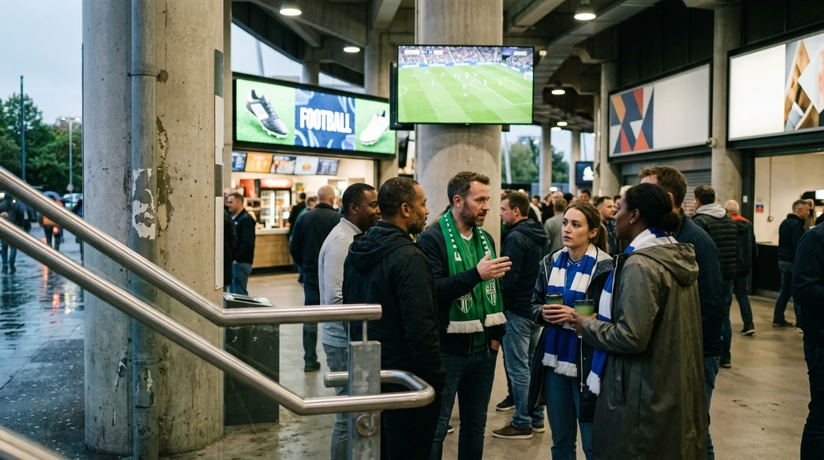 Adult football supporters gather in a stadium concourse during an international tournament, illustrating the visibility of sponsorship around Euro 2028.