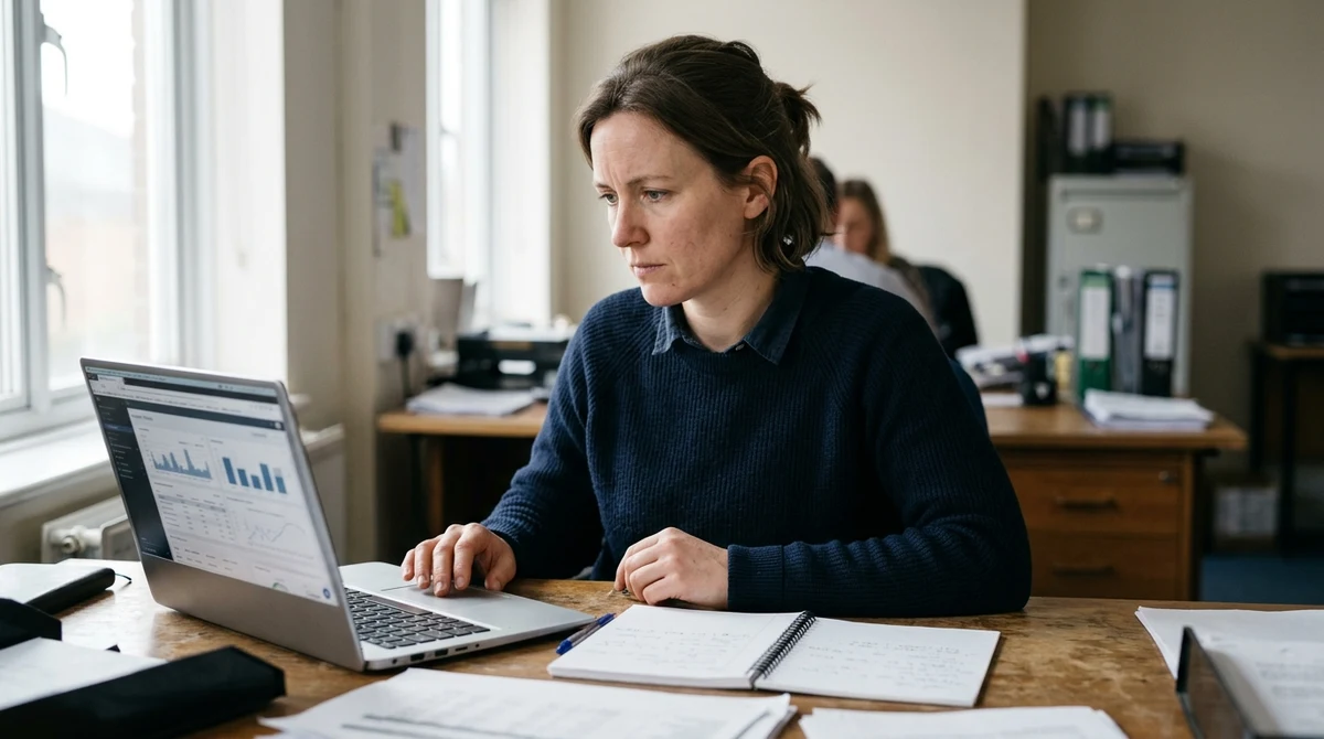 An adult compliance analyst reviews blurred online gambling advertising data on a laptop in a UK office.