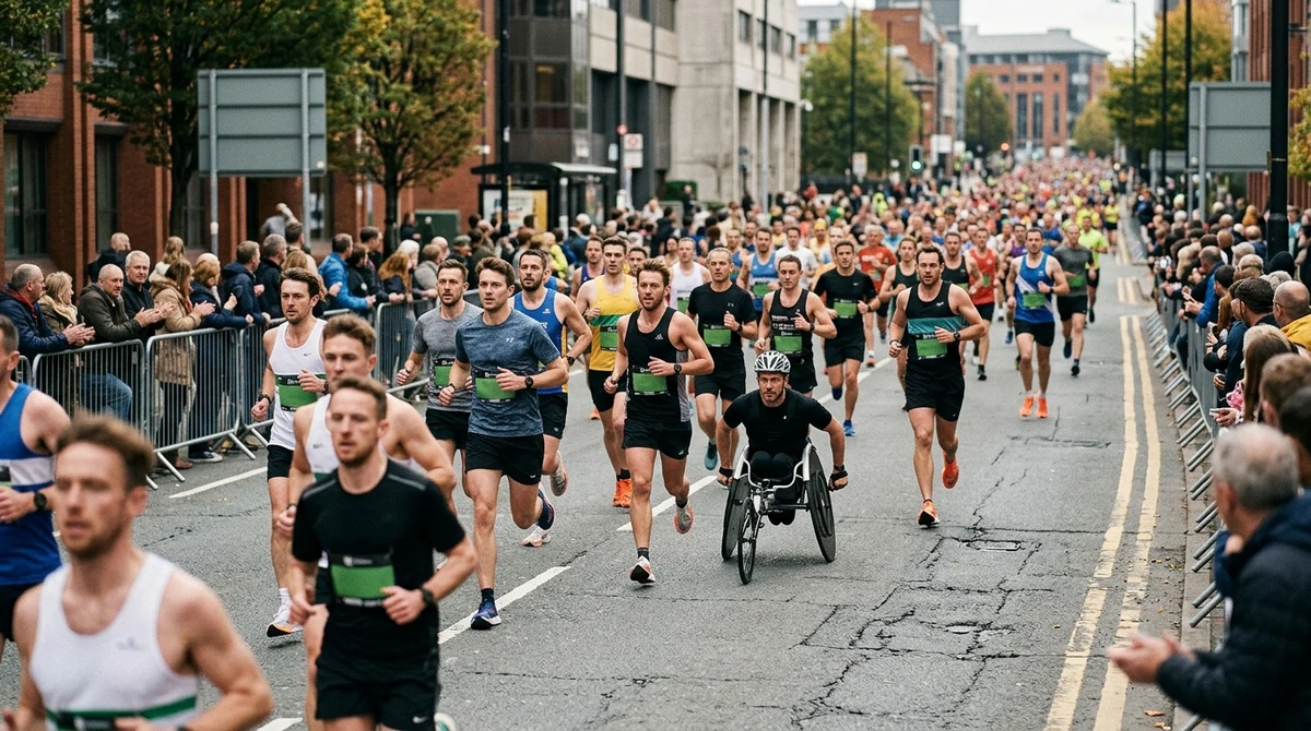 Adult runners and a wheelchair racer competing in a large half-marathon on a Greater Manchester road.