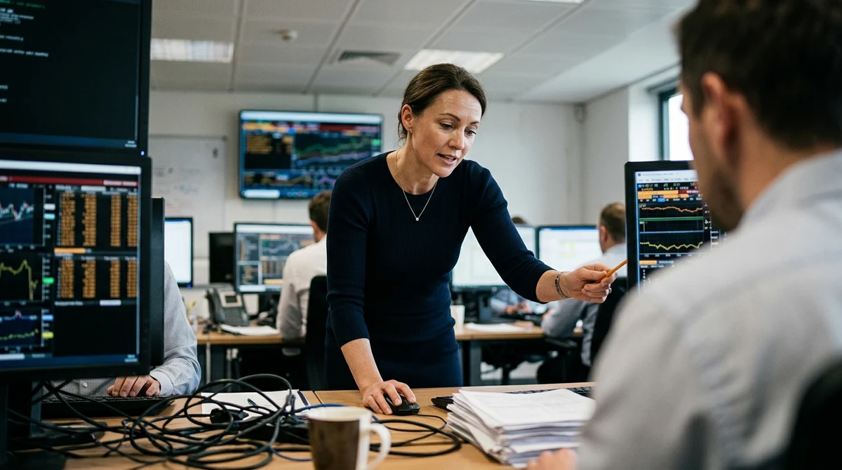 An adult technology analyst reviews sports betting platform data in a generic operations room.