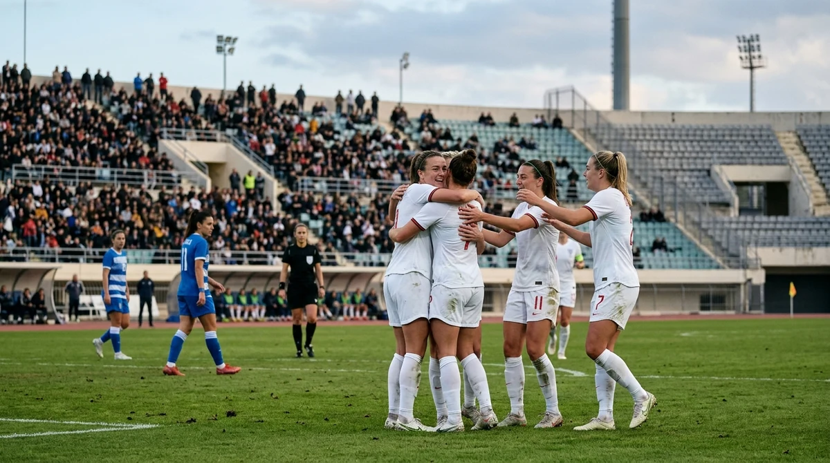 Women footballers celebrate during an international play-off match.