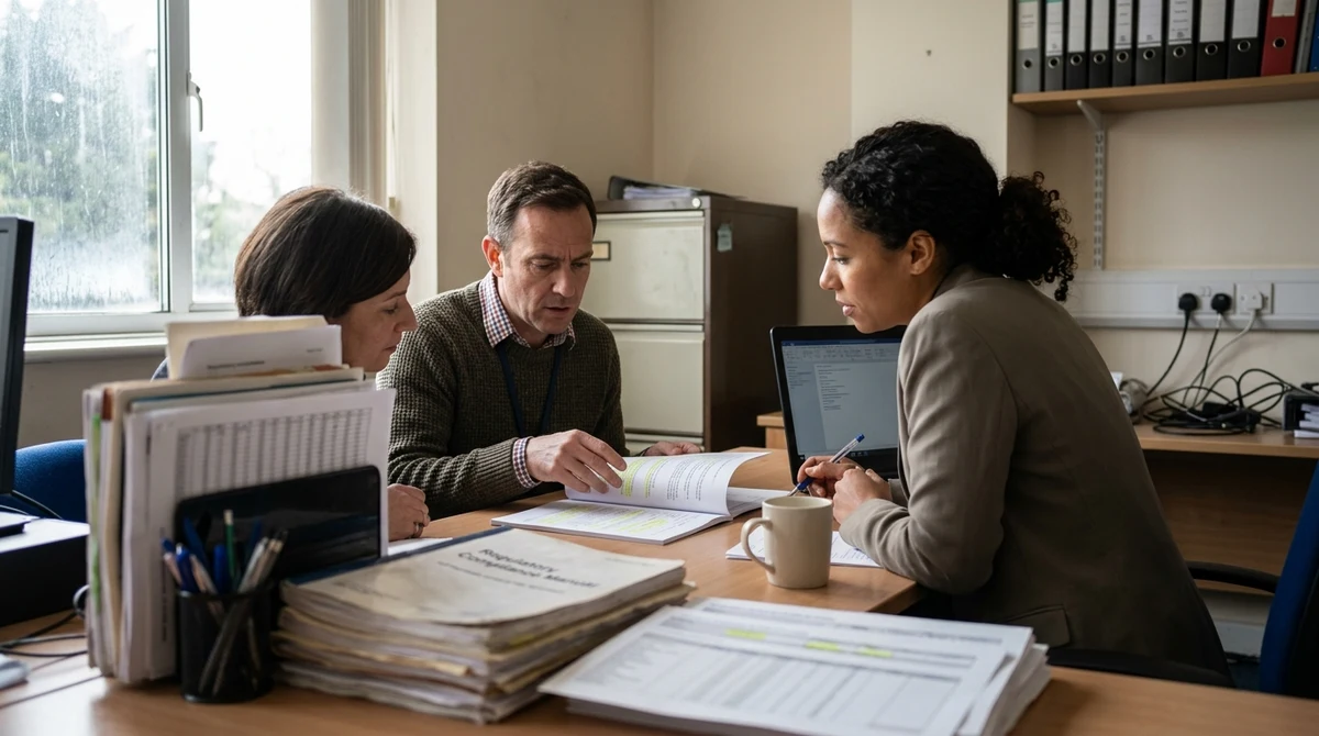 Regulatory professionals review gambling compliance documents in a British public-sector office.