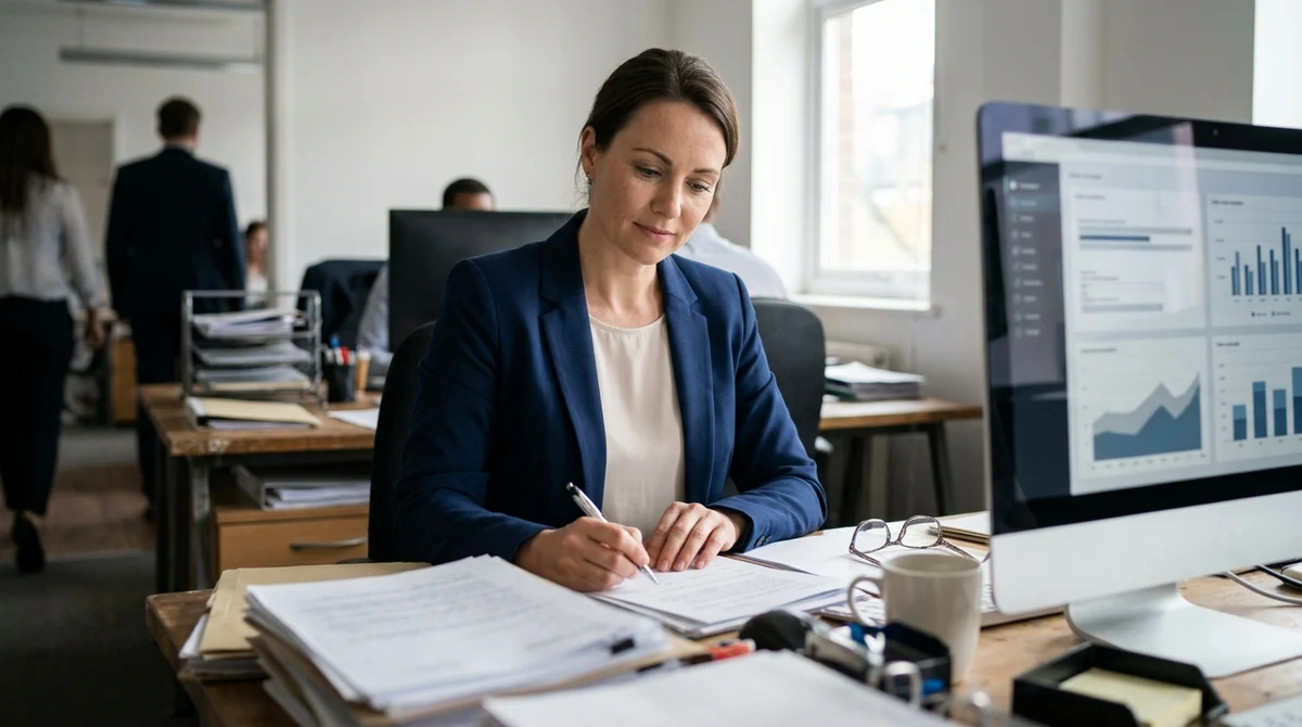 An adult compliance analyst reviews gambling advertising material beside a computer in a UK office.