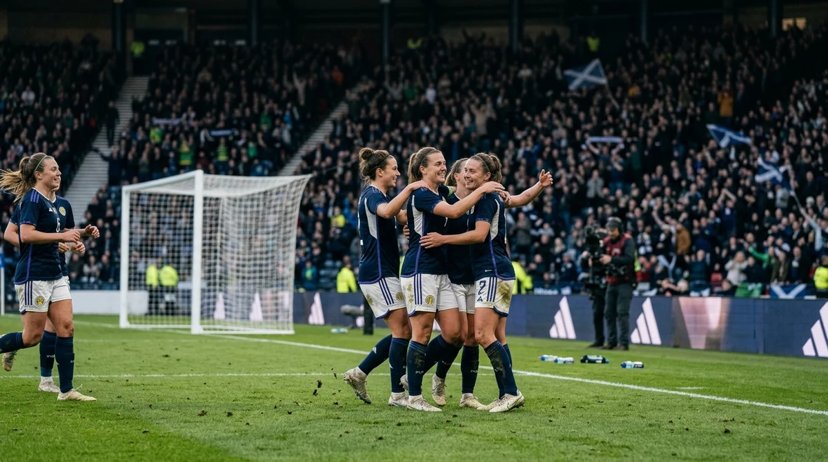Women football players celebrate on a Scottish stadium pitch after an international play-off win, with supporters watching from the stands.
