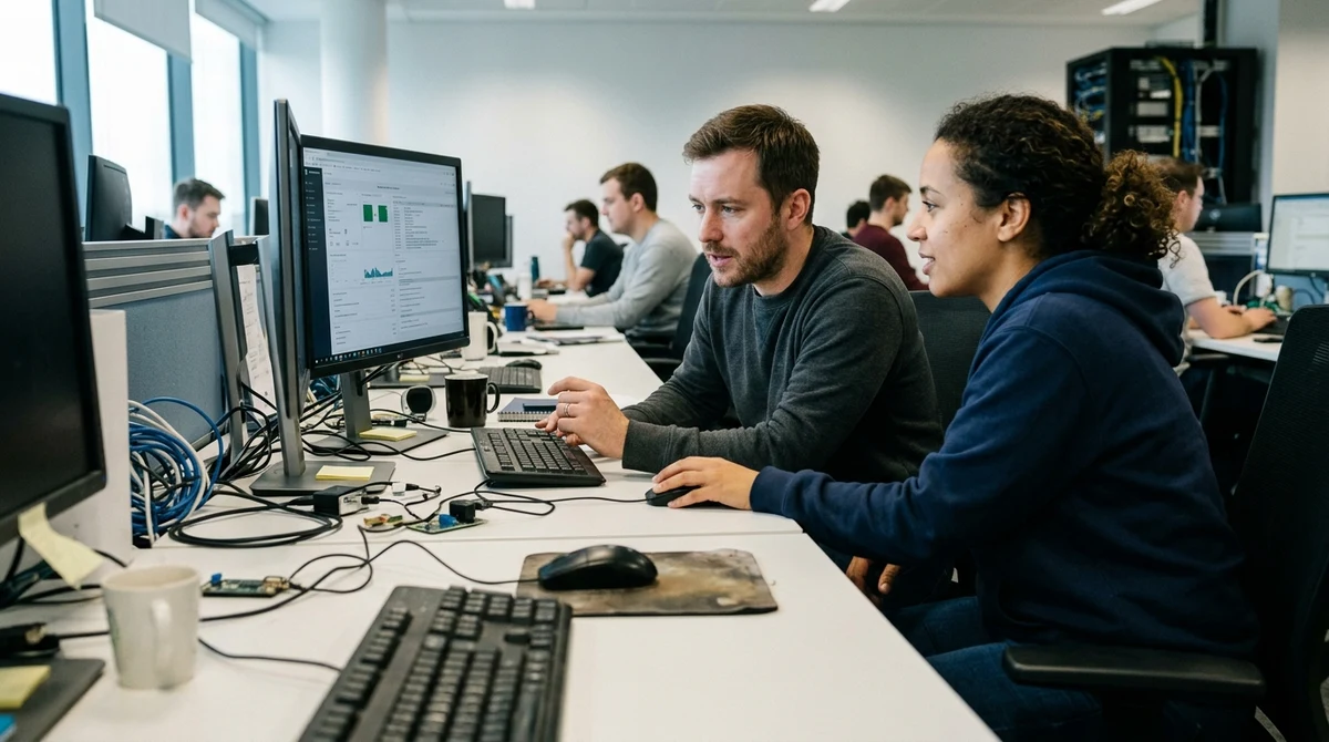 Software engineers review sportsbook monitoring and compliance systems in a technology operations centre.