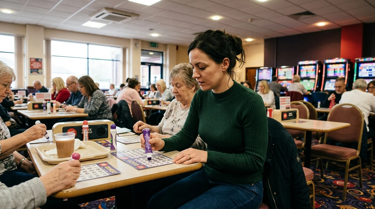 An adult woman plays bingo at a modern British bingo club, with bingo cards and gaming machines visible behind her.