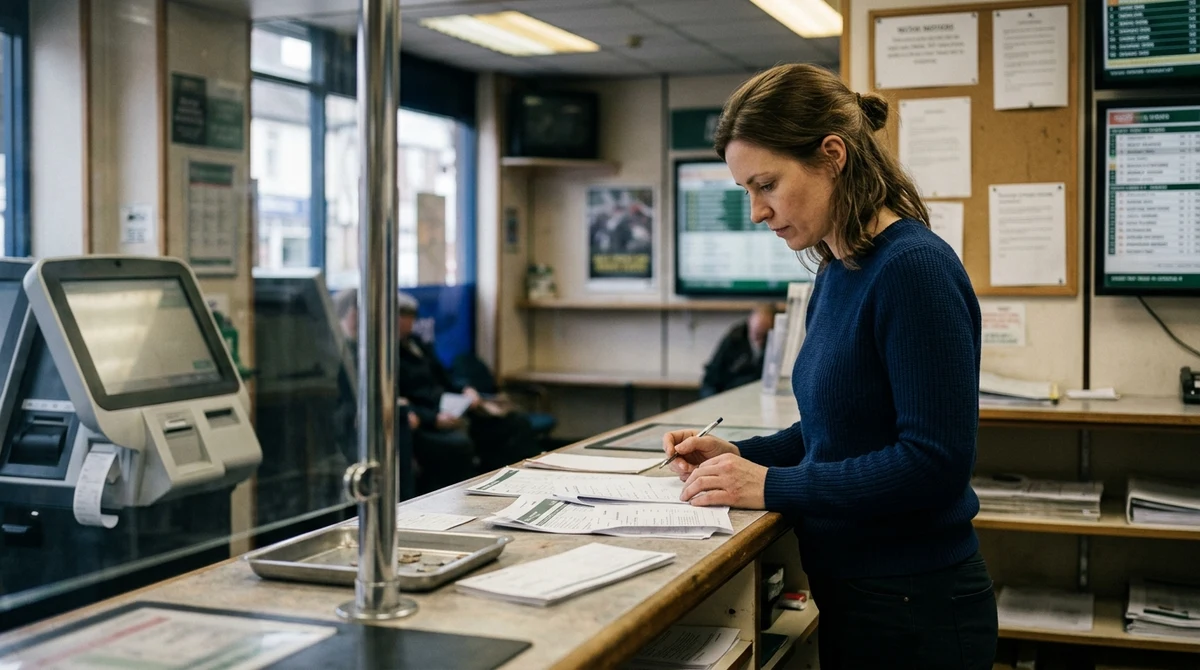 An adult betting shop worker reviews business documents at a UK retail counter.