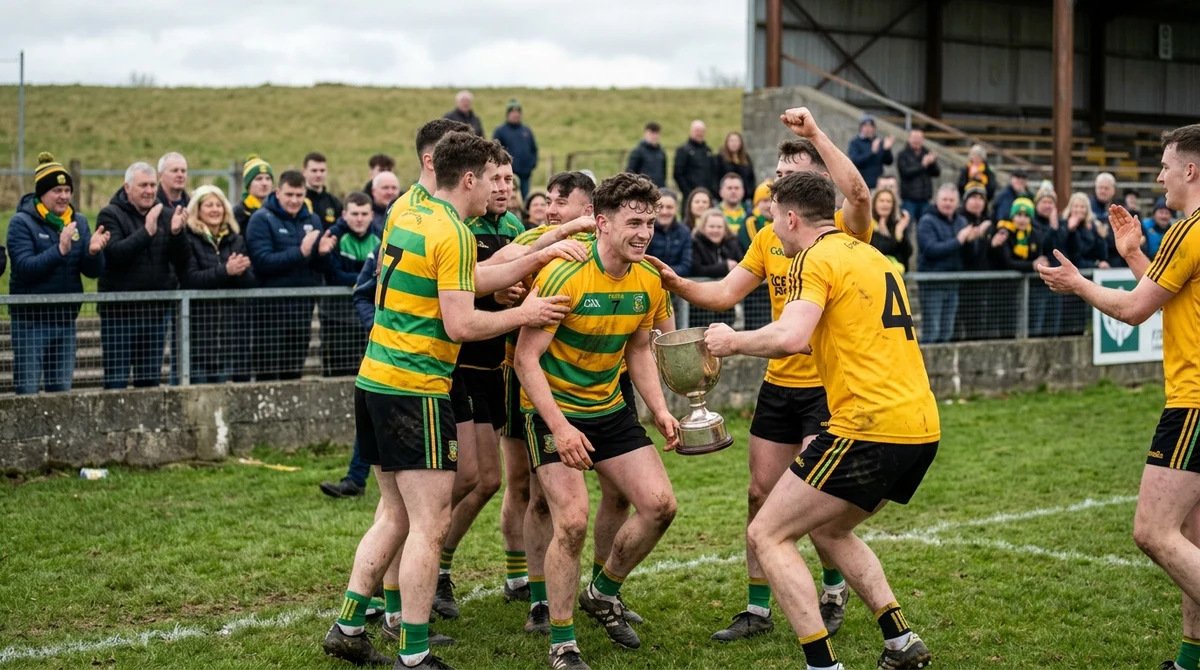 Gaelic football players in yellow jerseys lift a county championship cup as supporters celebrate.