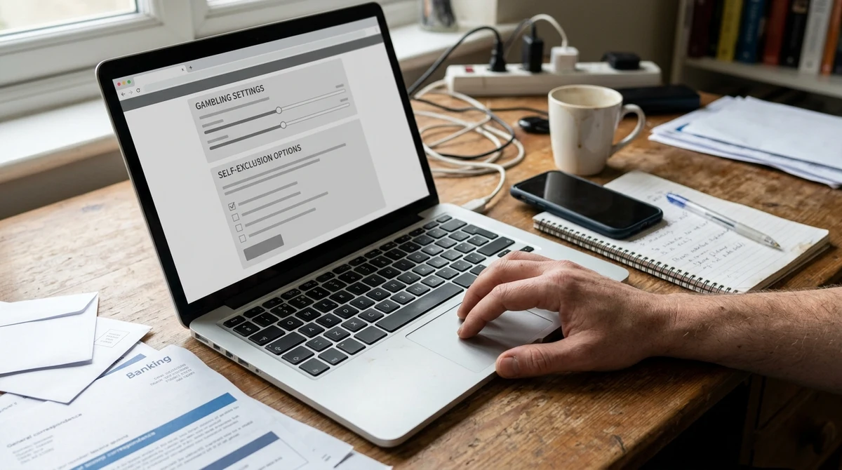 Laptop, smartphone and paperwork representing the gap between GamStop and online National Lottery draw protection