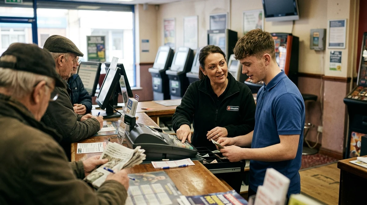 Adult betting-shop workers serving customers in a British town-centre shop