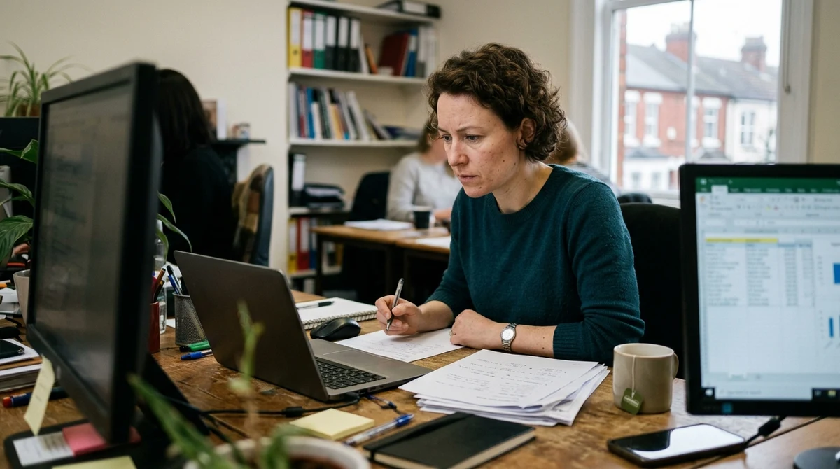 An adult advertising compliance professional reviews a gambling campaign checklist on a laptop in a UK office.