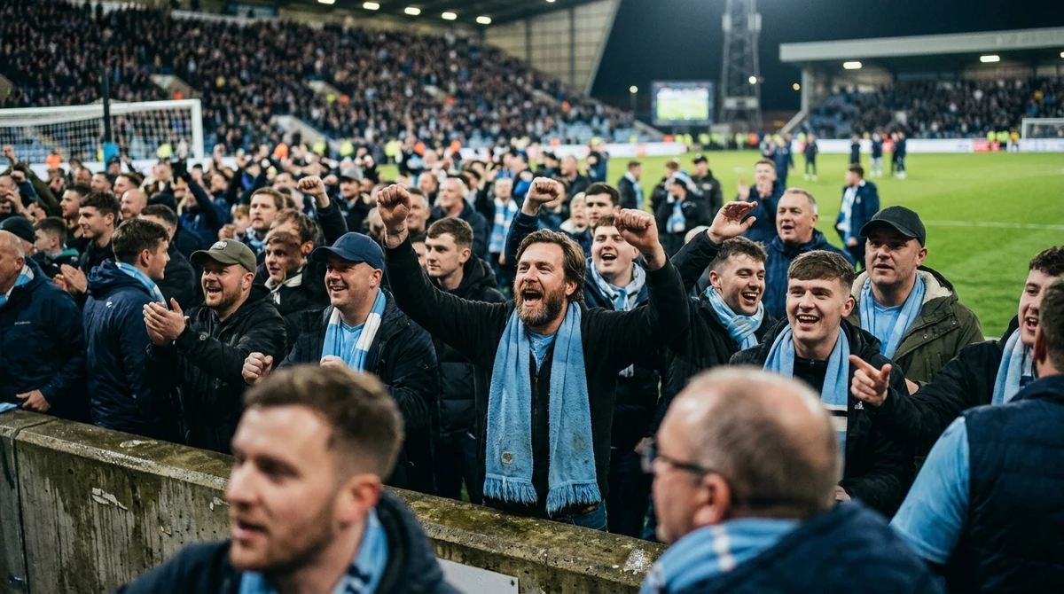 Coventry supporters celebrate a landmark home Premier League victory in a floodlit stadium.