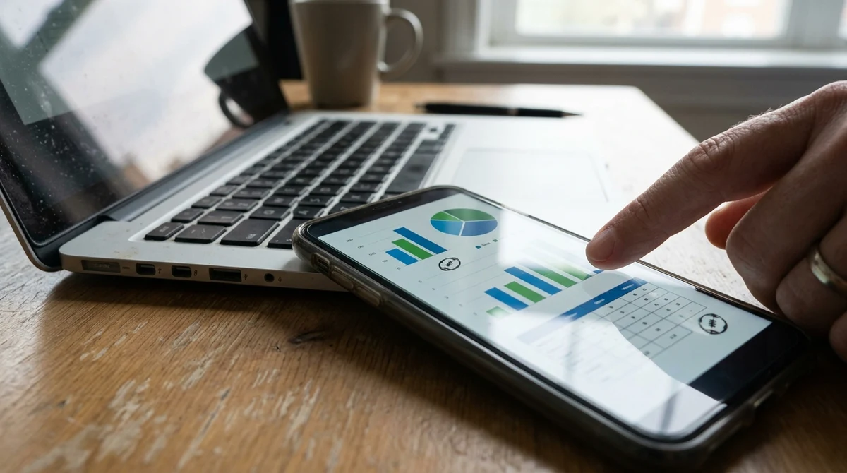 A smartphone beside a laptop displaying a generic football analytics interface in an editorial scene about betting advertising compliance.