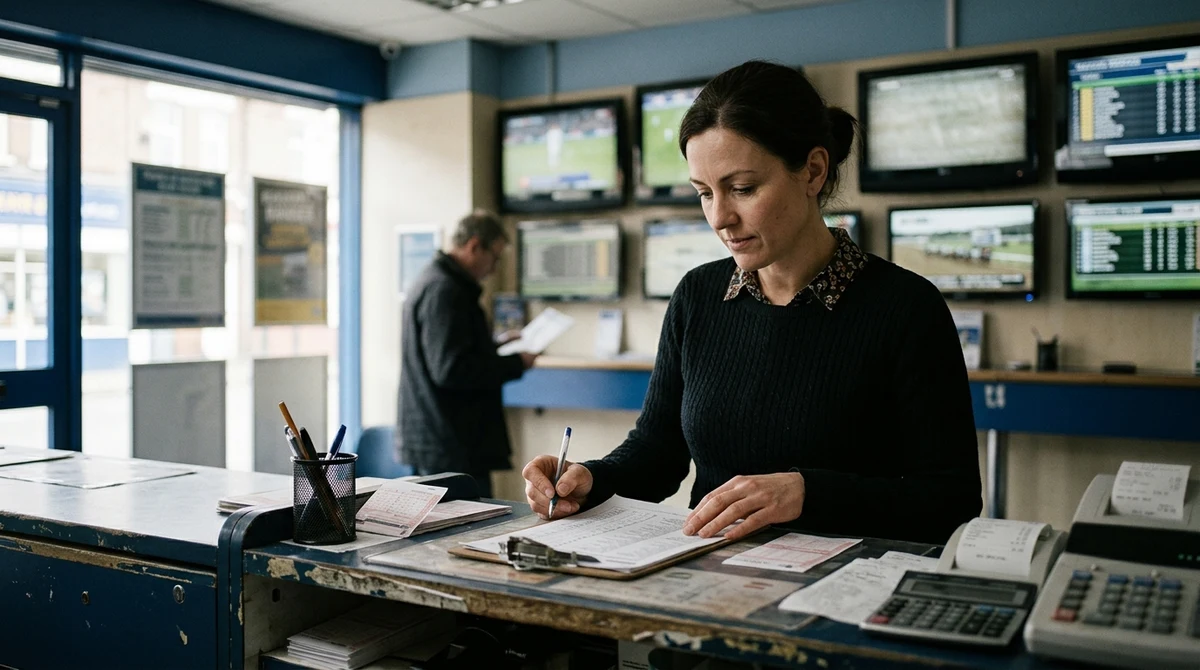 An adult betting shop worker reviews paperwork behind a high-street counter.