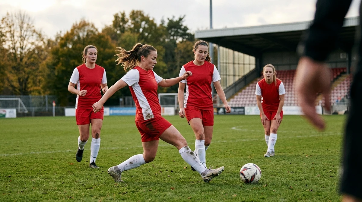 Women footballers celebrate a decisive play-off victory in a packed British stadium.