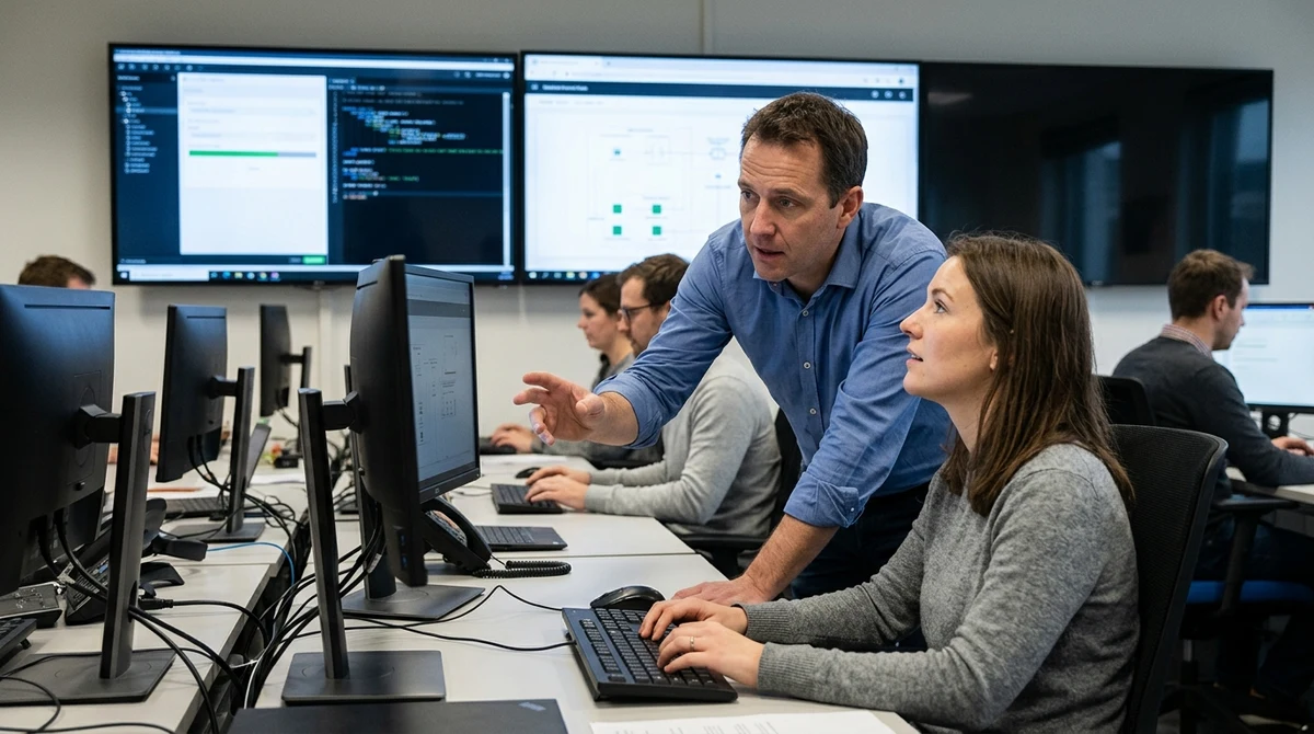 Analysts review live sports data systems in a betting technology operations room.