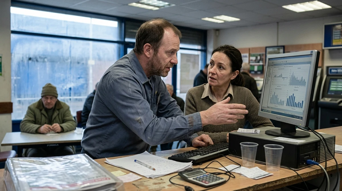 Employees review business performance inside a British high street betting shop.