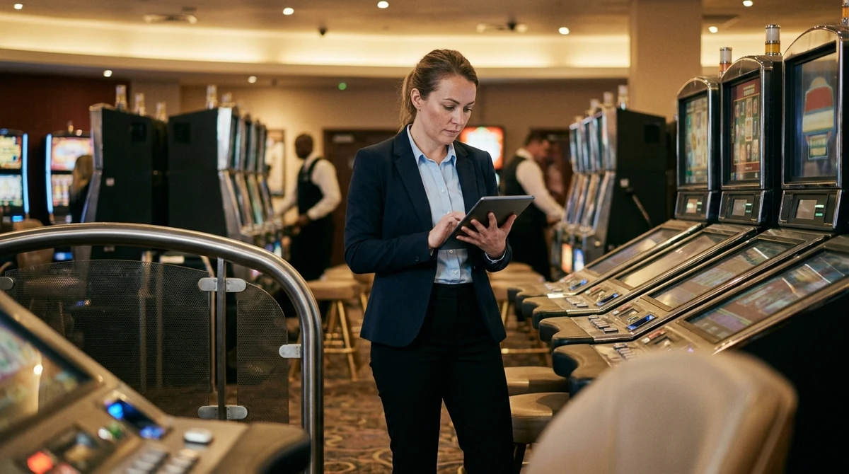 An adult venue manager reviews gaming machines inside a UK casino.