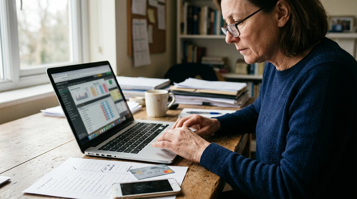 A laptop with an abstract betting exchange screen beside a phone, bank card and withdrawal deadline paperwork.