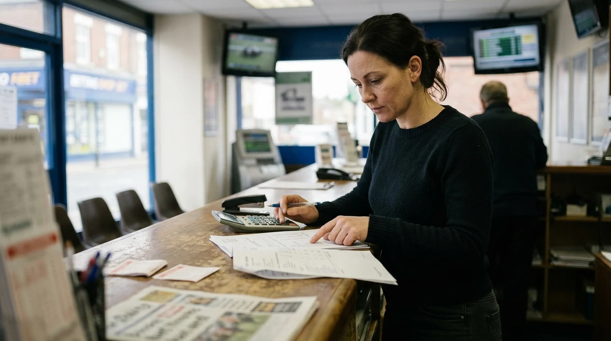 An adult betting-shop employee reviews tax paperwork at a British high-street counter.