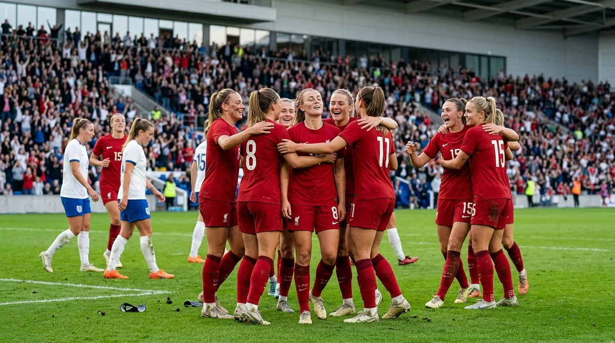 Women football players in red kits celebrating after a home victory at a crowded stadium.