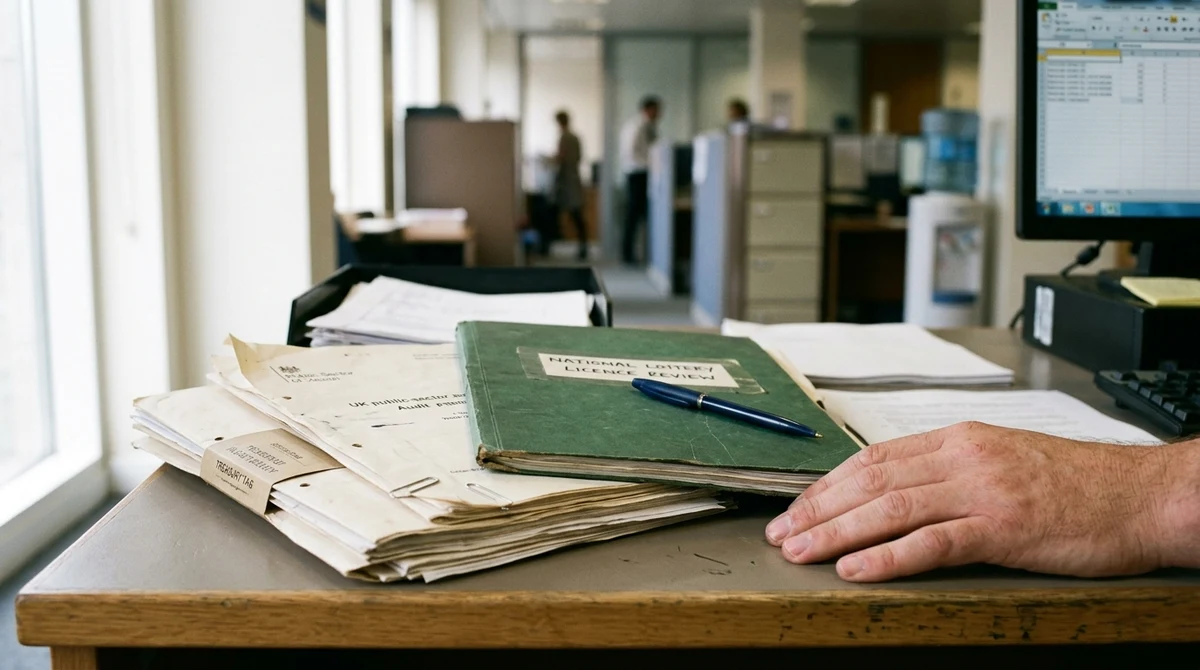 Audit papers and a lottery licence folder on a UK government office desk.