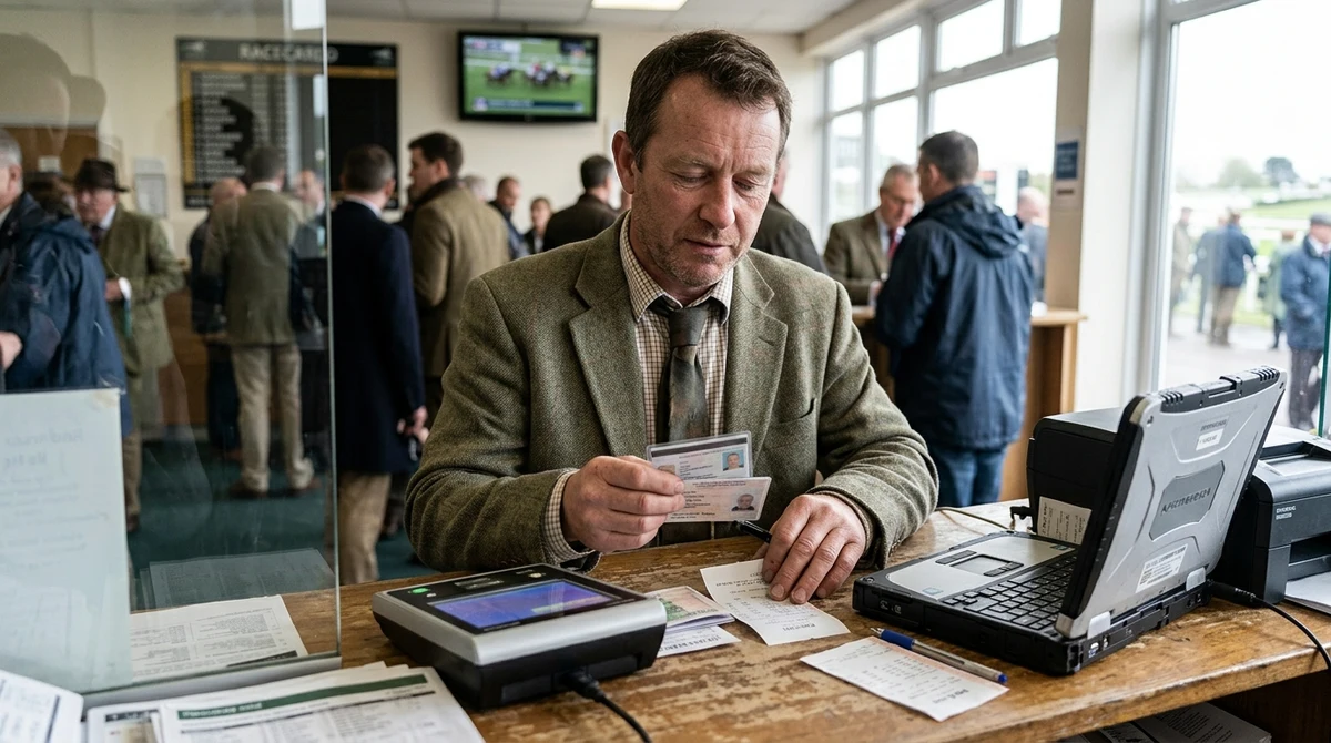 An on-course bookmaker checks identity documents beside a laptop and betting terminal at a British racecourse.