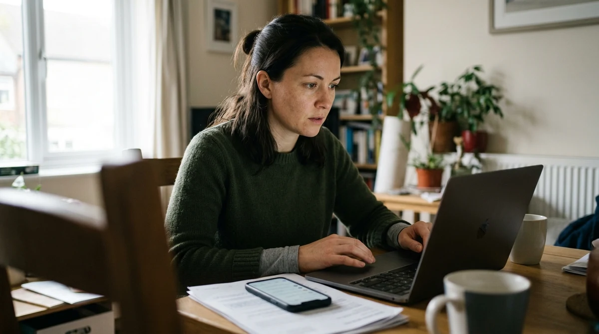 An adult woman reviews online account statements and a withdrawal email at home.
