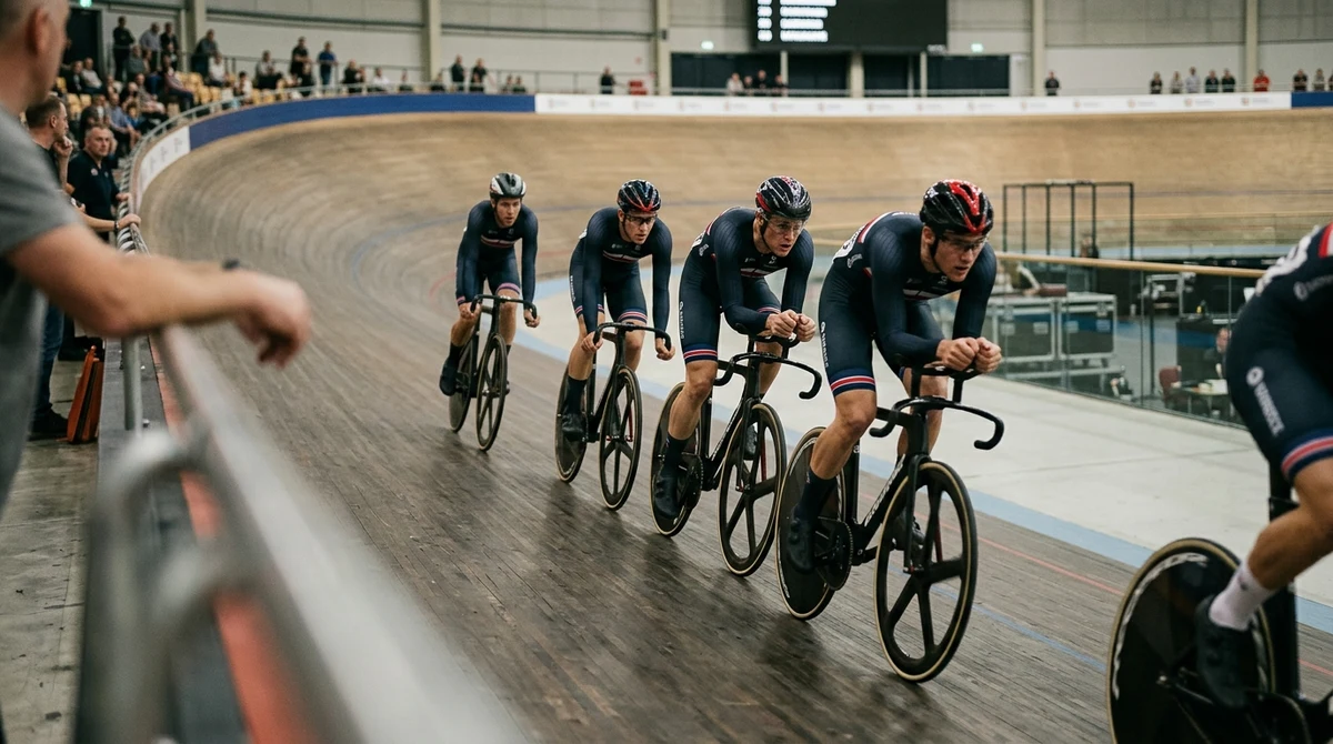 Track cyclists racing in formation inside a velodrome during a team pursuit.