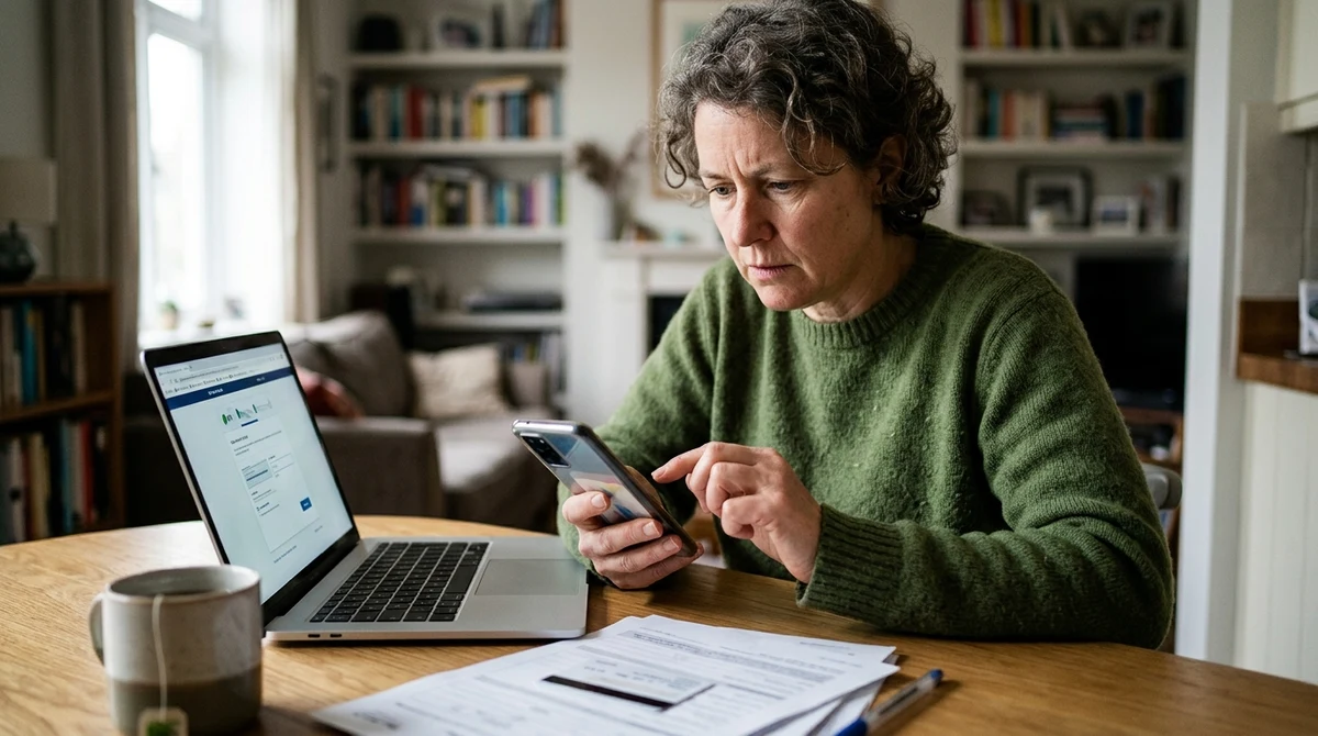 An adult consumer checks AI gambling advice beside a licence verification screen.