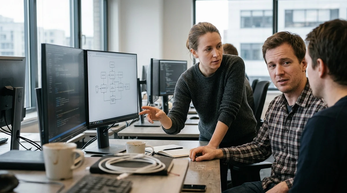 Software developers reviewing AI betting platform code and payment security diagrams in an office