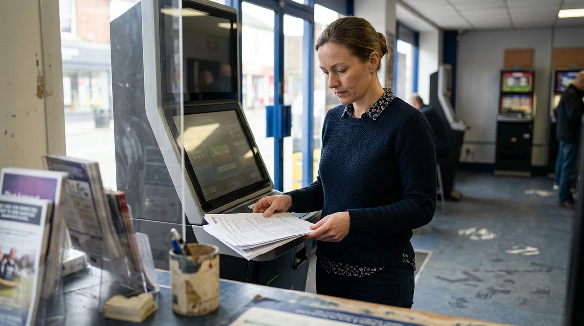 Adult betting shop employee reviews taxation paperwork beside a gaming machine in a British high street venue.