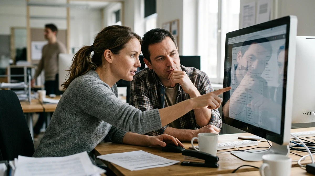 Two gaming-industry colleagues review an indistinct digital platform in an office.
