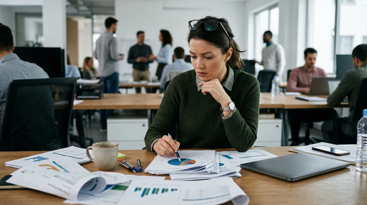 A fictional adult analyst reviews financial charts at an office desk.