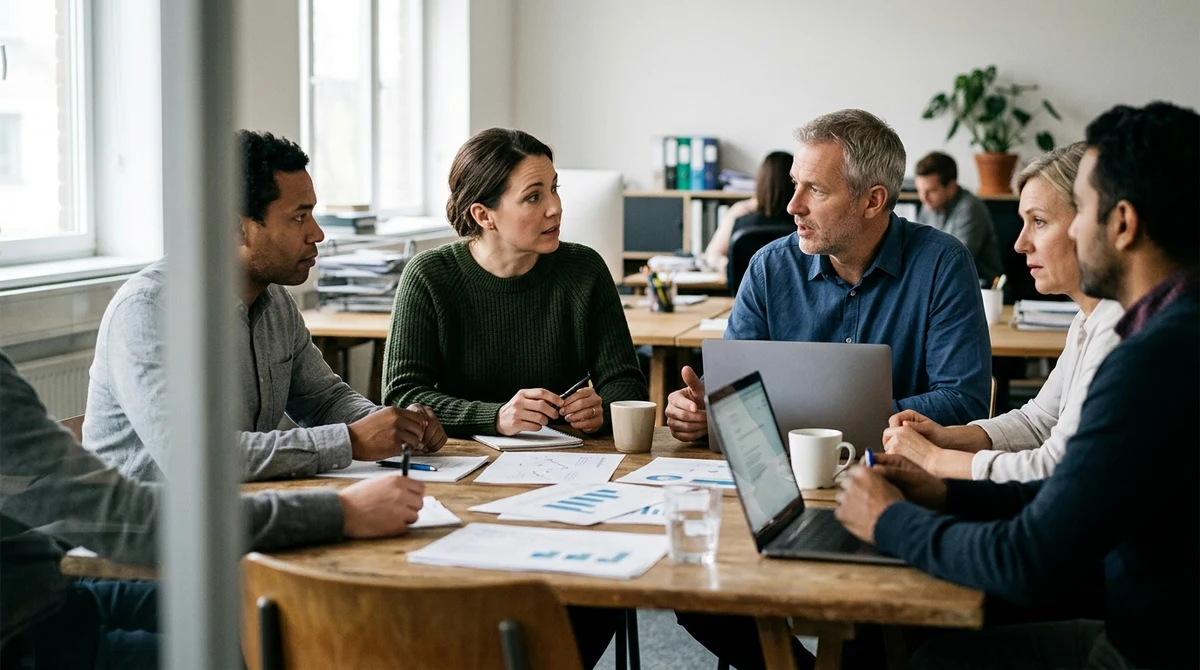 Office colleagues discuss work changes around a meeting table.