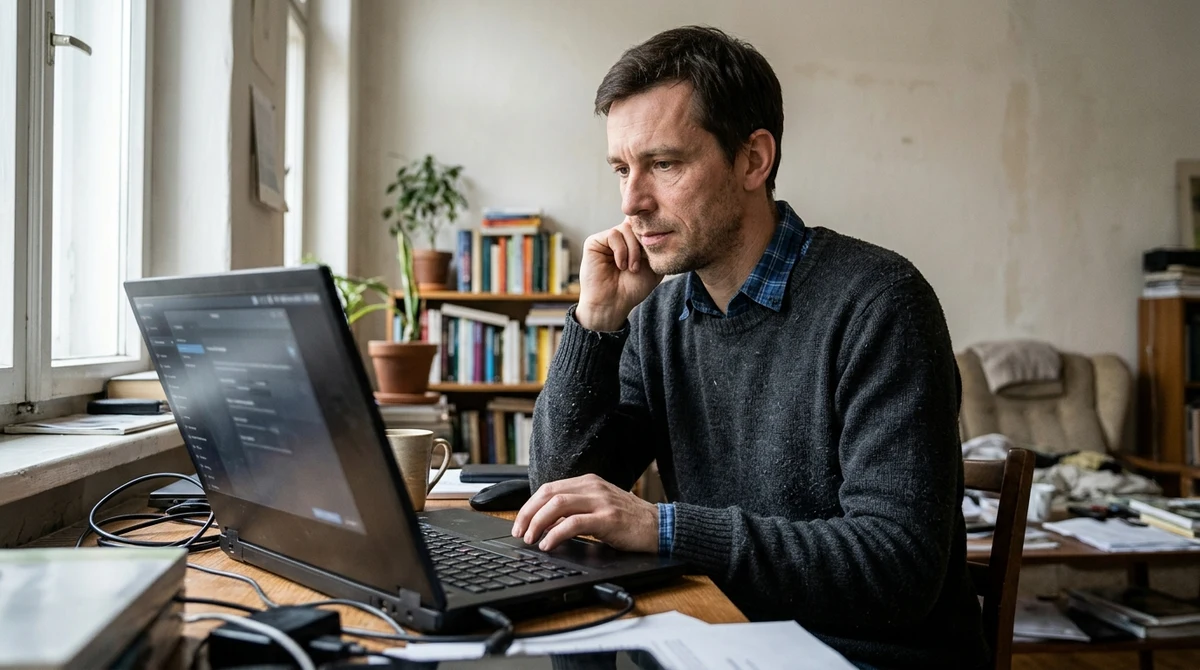 An adult reviews account settings on a laptop at home.