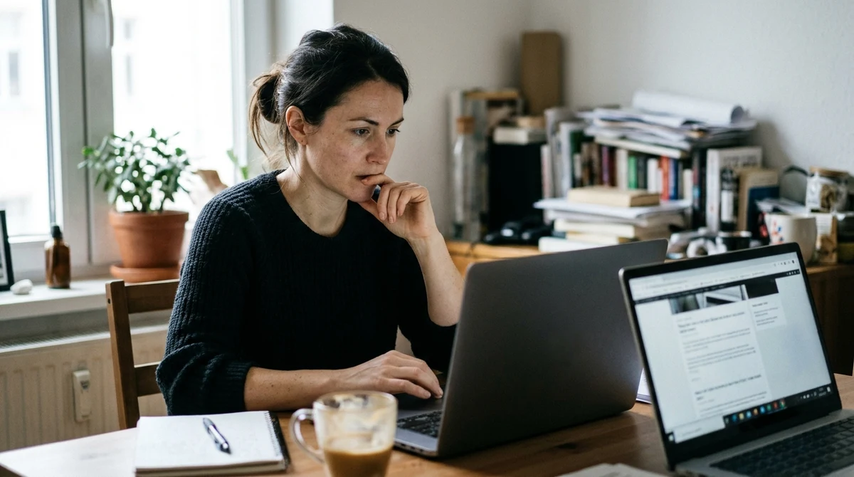 A woman reviews an online account on a laptop at home.
