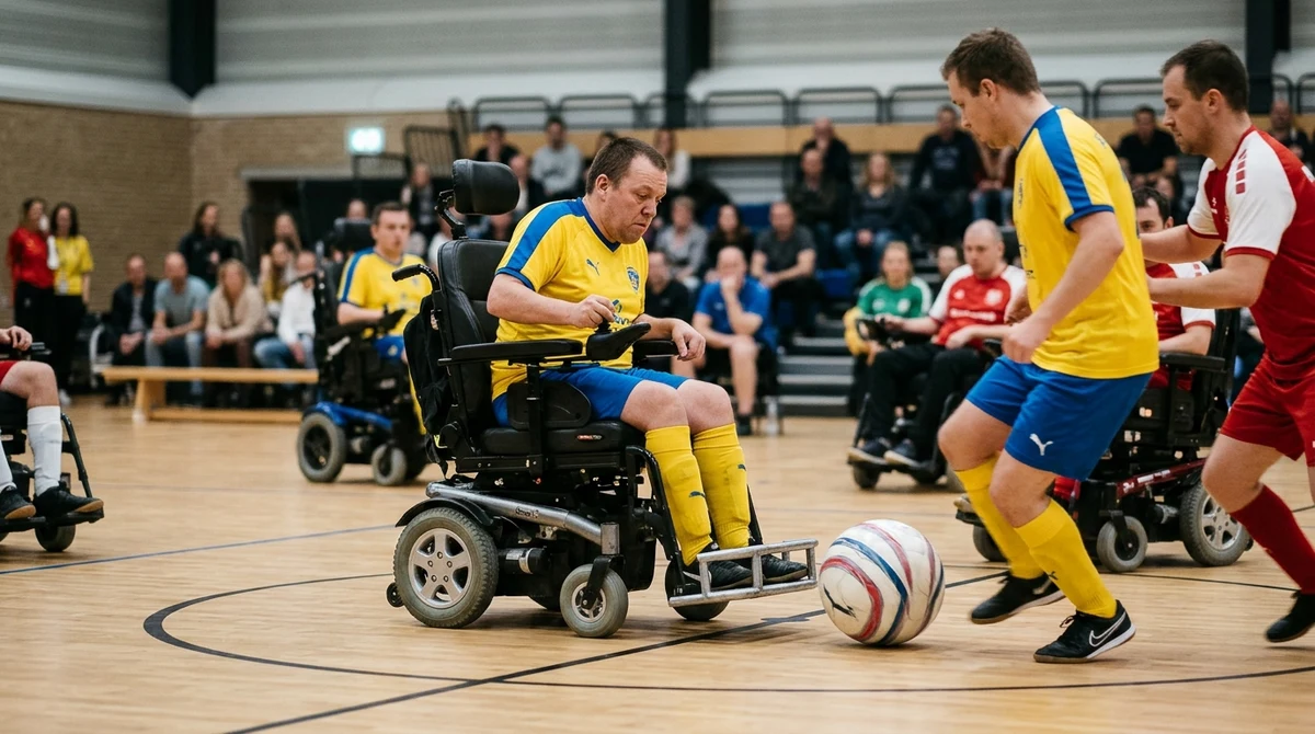 Illustrative scene of adult powerchair football players competing in an indoor sports hall.