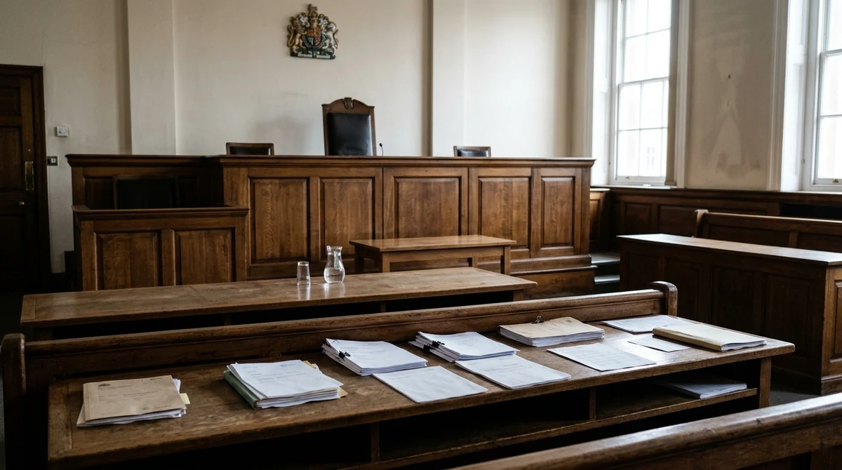 Illustrative view of an empty courtroom, with papers on a table facing the judge’s bench.