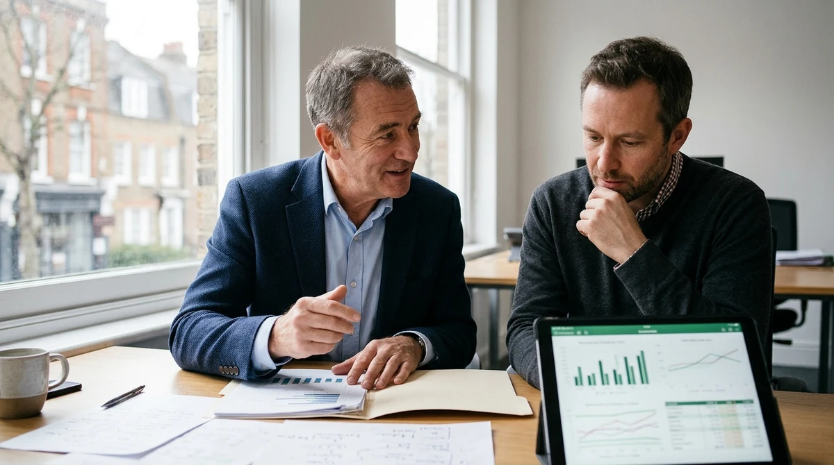 Finance professionals discuss market data at an office desk.