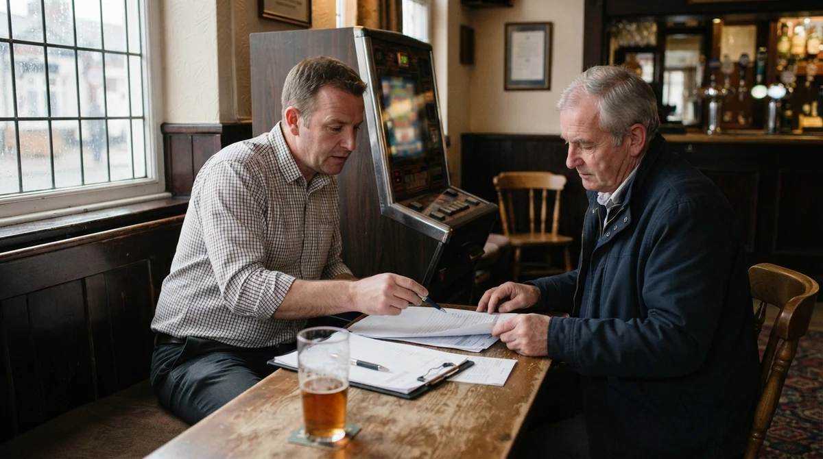 A pub manager and machine supplier review paperwork beside a gaming machine.